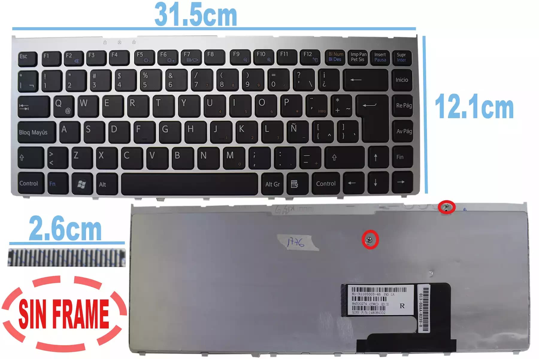 TECLADO SONY VGN-FW VGN FW (MARCO PLATEADO) LA — imagen 1