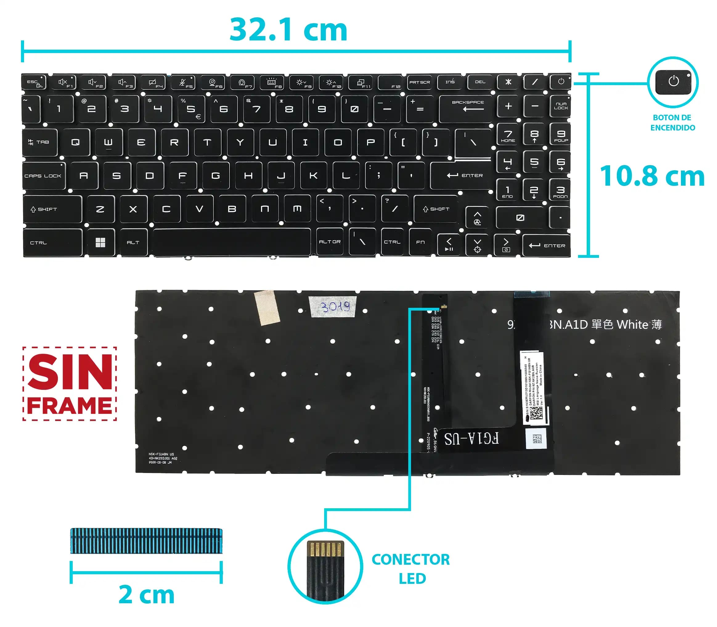 TECLADO MSI KATANA GF66 GF76 PULSE GL66 GL76 MS-1582 MS-1583 MS-17L1 MS-17H3 CON BACKLIGTH BOTTON POWER SIN FRAME US NUMÉRICO — imagen 1