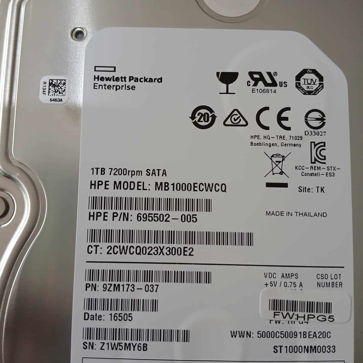 Disco duro HPE 1TB SATA 7.2K LFF Midline — Modelo MB1000ECWCQ — Usado — imagen 2