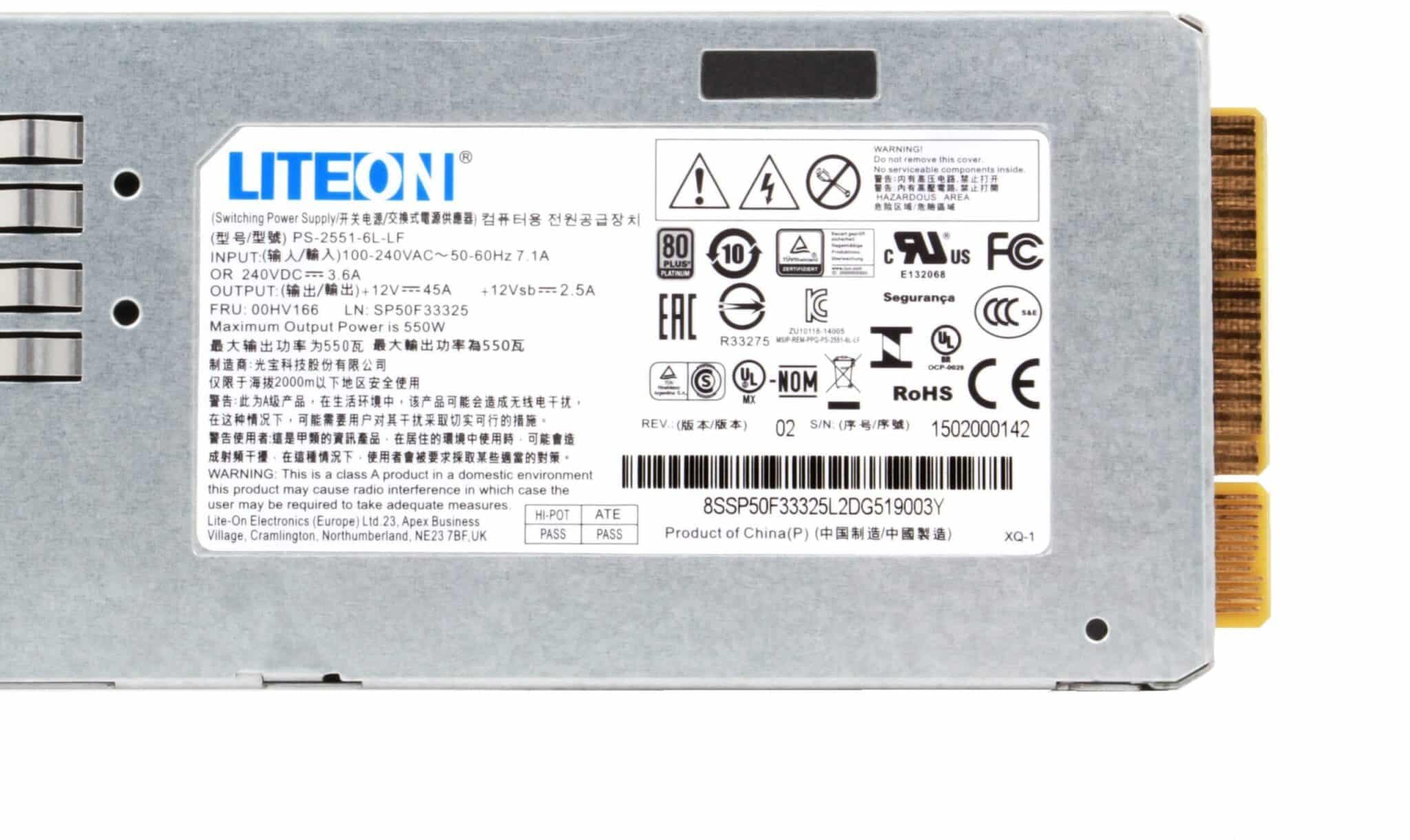 Fuente de Poder | LITEON | PS-2551-6L-LF | SP50F33334 | 00HV185 | 550W | 1517000887 | para ThinkServer RD350, RD450, RD550 y RD650 — imagen 2