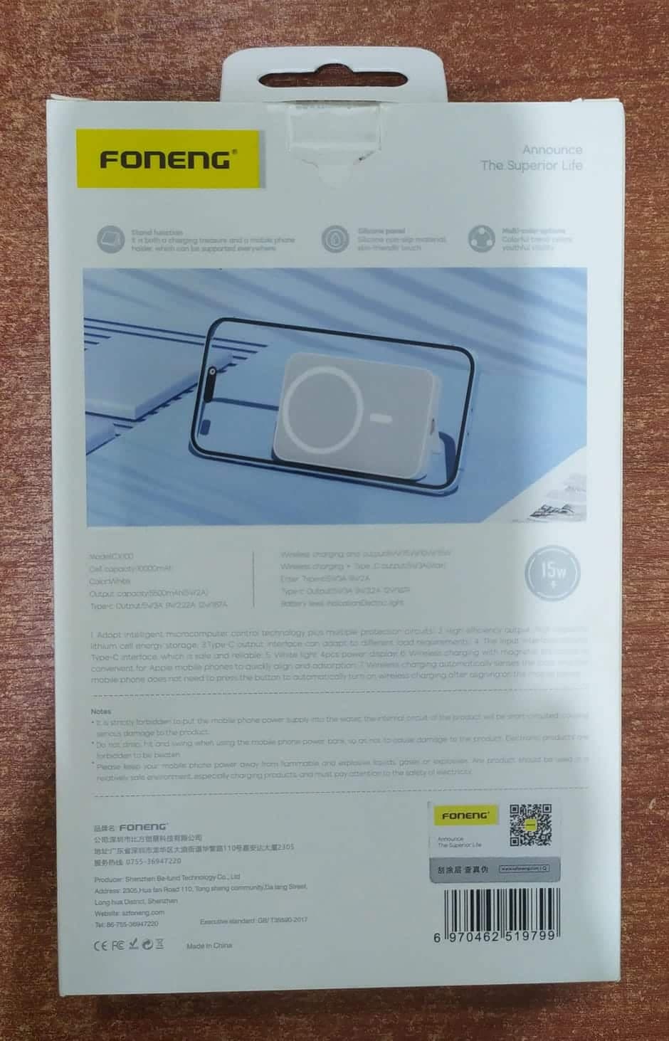 Power Bank Foneng CX100 10000mAh Carga Inalámbrica 15W Magnético Compatible MagSafe — imagen 3