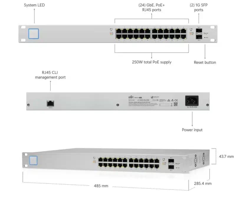 Switch Administrable Ubiquiti UniFi US-24-250W 24 Puertos PoE+ 250W Rack 1U — imagen 2