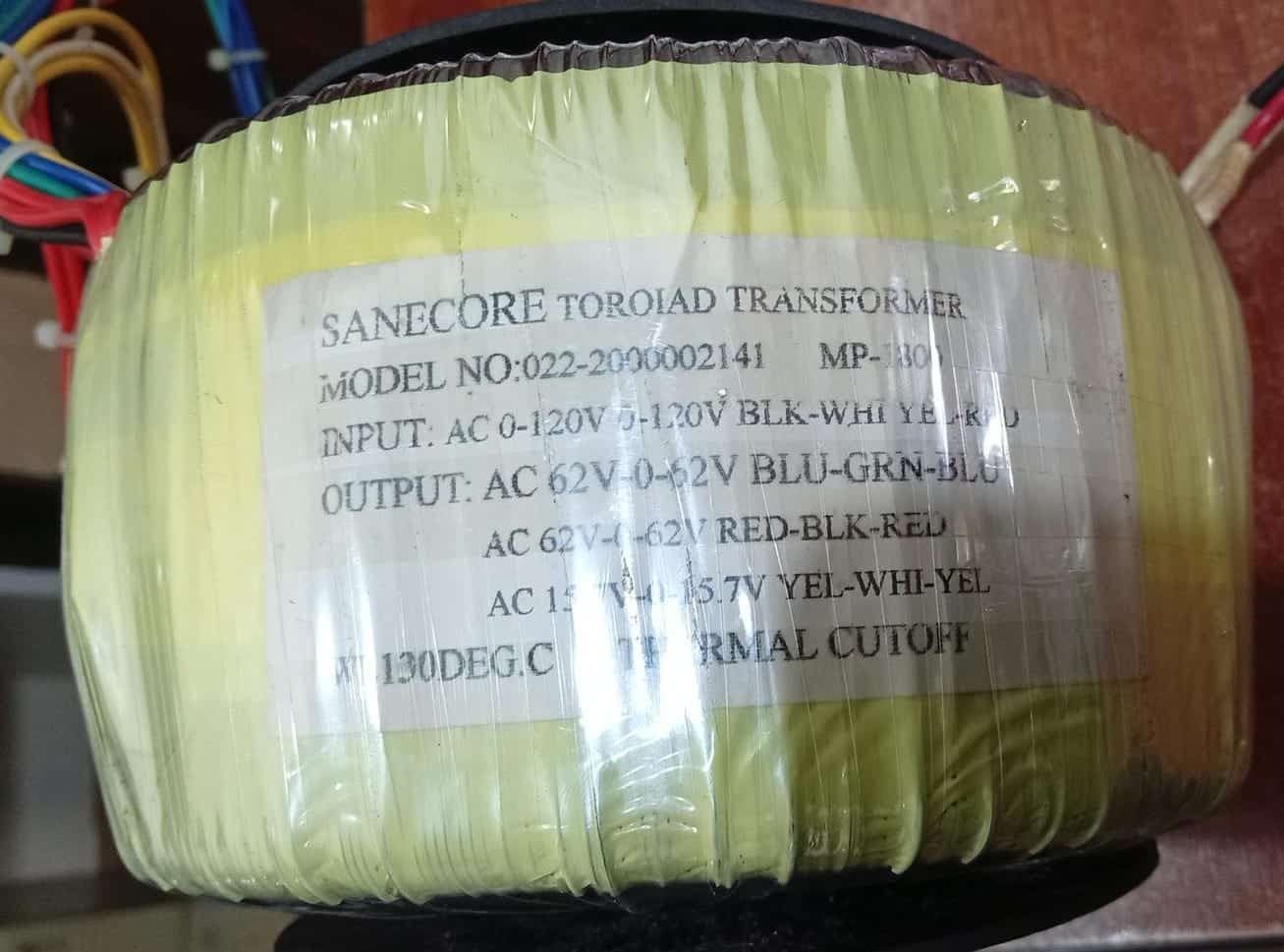 Transformador Toroidal Sanecore MP‐1800 022‐2000002141 para audio/uso general – 120V a 62V/15.7V — imagen 2